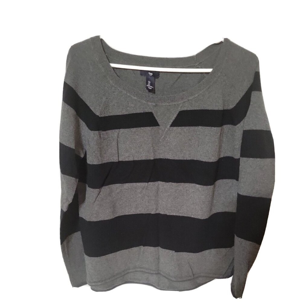 Gap Women Gray Black Striped Scoop Neck Raglan Long Sleeve Knit Sweater‎ Large